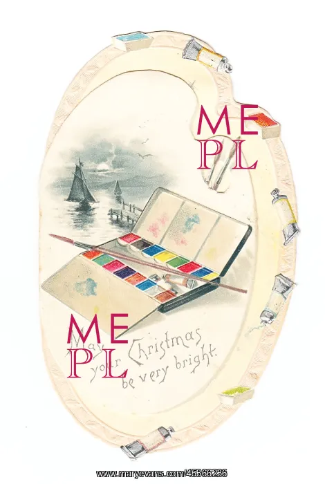 : Palette-shaped Christmas card with an open paintbox : Palette-shaped Christmas card with an open paintbox