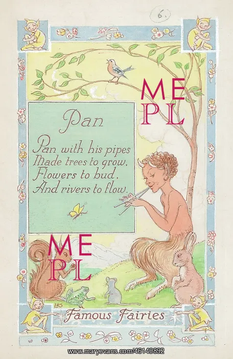 : Pan. Sub-title: Famous Fairies. Text: Pan with his pipes? : Pan. Sub-title: Famous Fairies. Text: Pan with his pipes?