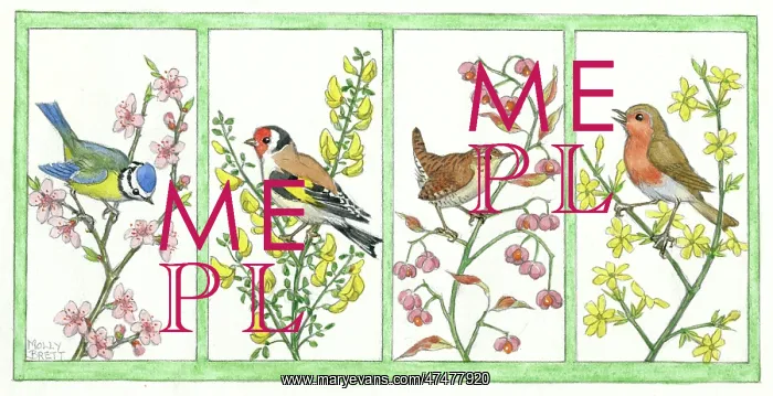 : four panel design with birds on branches : four panel design with birds on branches