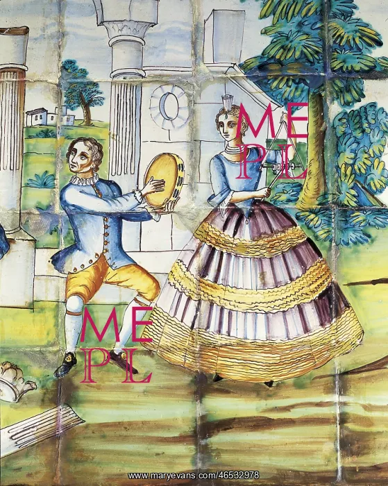 : Panel of Valencian glazed tiles with musical : Panel of Valencian glazed tiles with musical