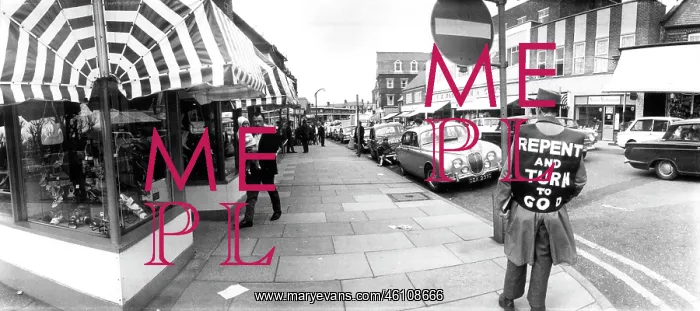 : Panoramic street scene with religious campaigner : Panoramic street scene with religious campaigner