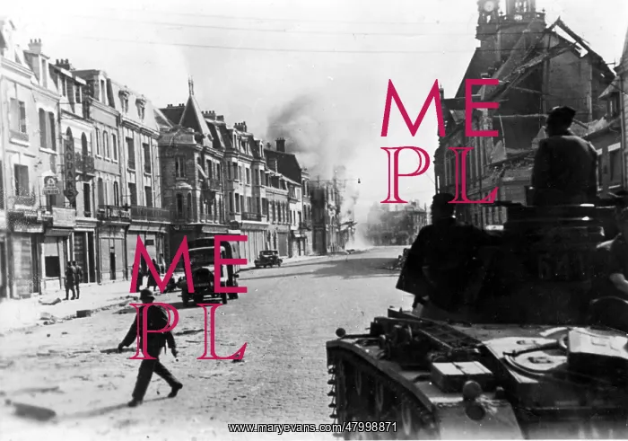 : A Panzer II in a street in Peronne : A Panzer II in a street in Peronne
