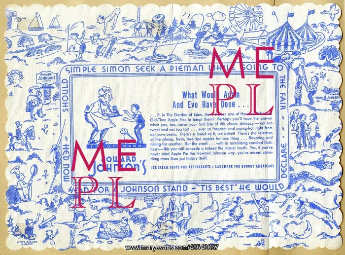  : Paper Place Mat, Howard Johnson's Pies