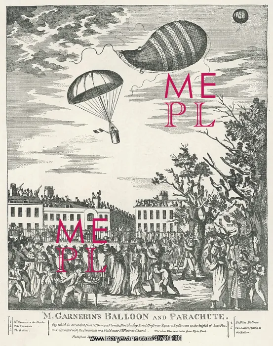 : Parachute. Jacques Garnerin demonstrates his parachute in London, ascending by balloon : Parachute. Jacques Garnerin demonstrates his parachute in London, ascending by balloon