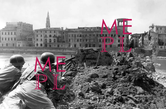 : Paratroopers fire on enemy troops, River Arno : Paratroopers fire on enemy troops, River Arno
