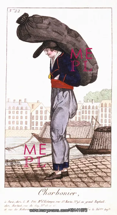 : Paris Coalman, with barge on the Seine in background : Paris Coalman, with barge on the Seine in background