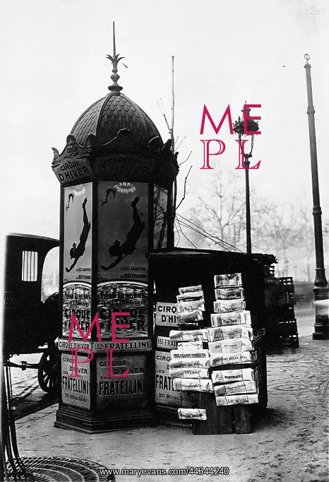 : Paris newsstand with advertising posters : Paris newsstand with advertising posters