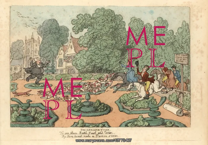 : Parson cursing foxhunters and hounds trampling his garden : Parson cursing foxhunters and hounds trampling his garden