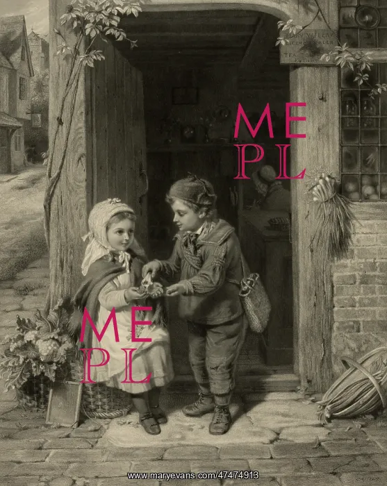 : Partners. Print showing a young boy sharing candy with a young girl at : Partners. Print showing a young boy sharing candy with a young girl at