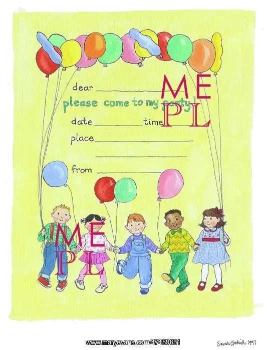 : Party Invitation with children and balloons : Party Invitation with children and balloons