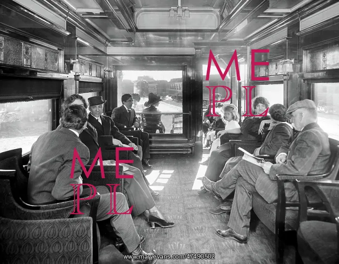: Passengers in the observation car on a deluxe overland limit : Passengers in the observation car on a deluxe overland limit