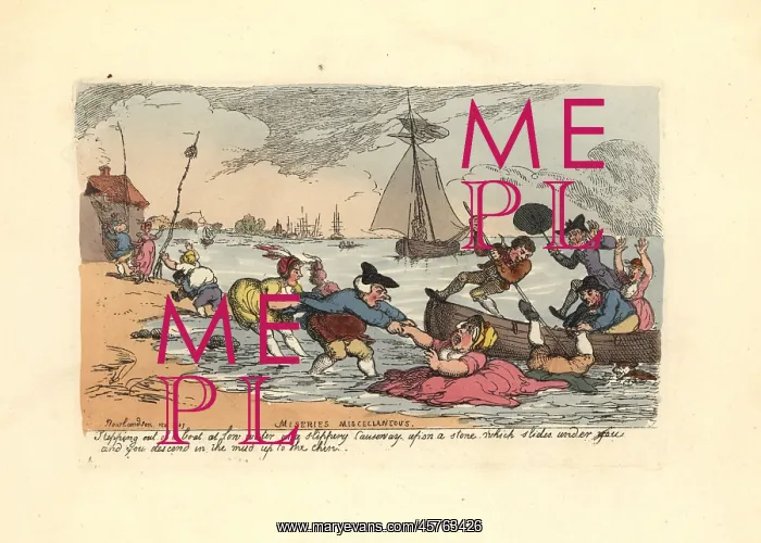 : Passengers slipping and falling into the river mud : Passengers slipping and falling into the river mud