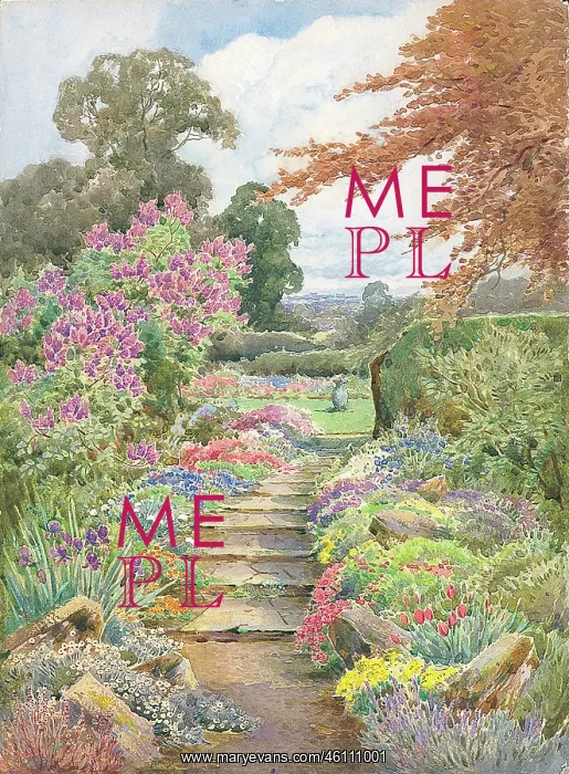 : Path with flower borders on either side and trees : Path with flower borders on either side and trees