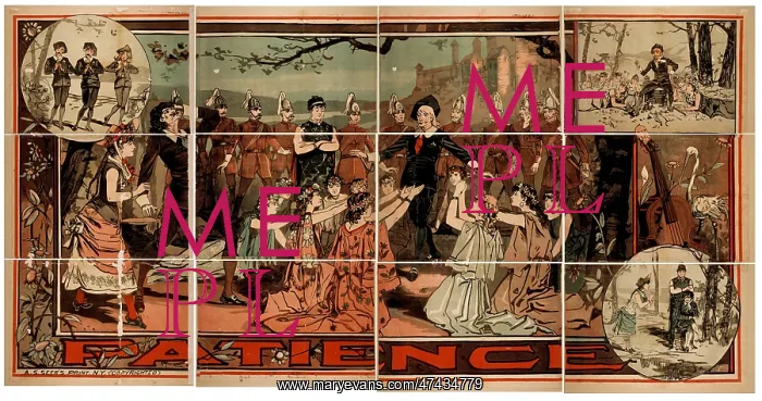 : Patience. Male character surrounded by girls in togas : Patience. Male character surrounded by girls in togas