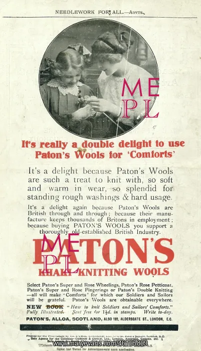  : Paton's Khaki knitting wools advertisement, WW1