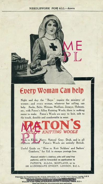 : Paton's knitting wools advertisement, WW1 comforts : Paton's knitting wools advertisement, WW1 comforts