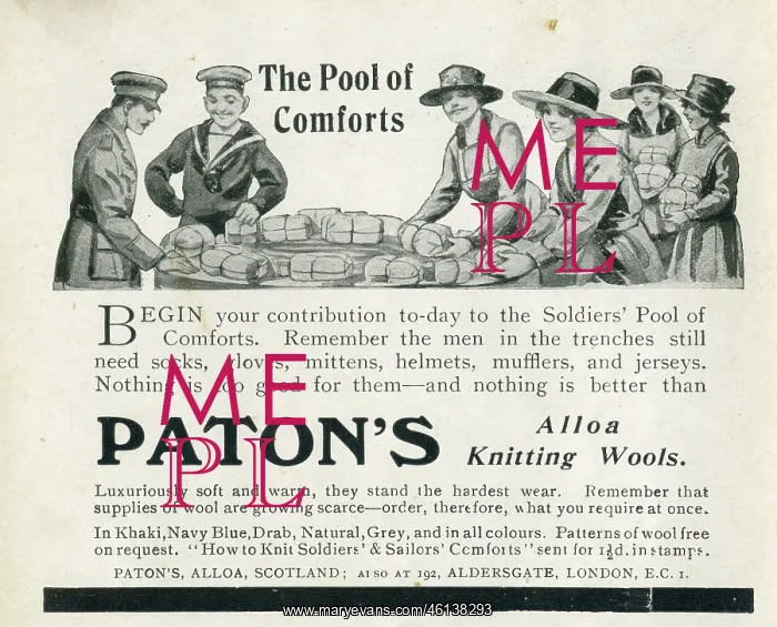 : Paton's knitting wools advertisement, WW1 comforts : Paton's knitting wools advertisement, WW1 comforts