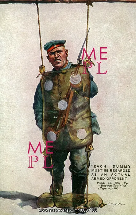 : Patriotic British postcard, bayonet practice, WW1 : Patriotic British postcard, bayonet practice, WW1