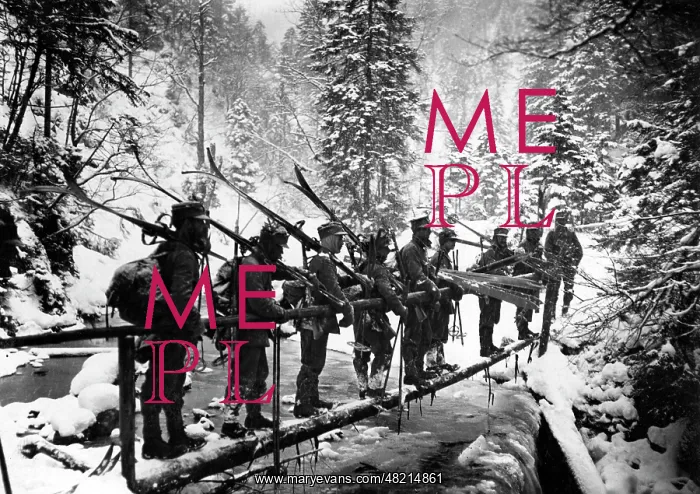 : Patrol crossing a bridge in winter, 1915 : Patrol crossing a bridge in winter, 1915