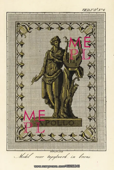 : Pattern for a tapestry in bronze thread of Apollo with lyre : Pattern for a tapestry in bronze thread of Apollo with lyre