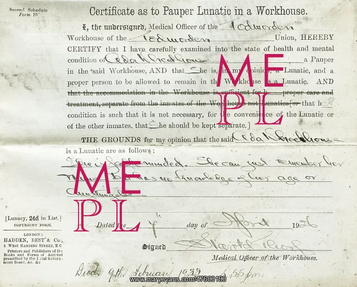 : Pauper Lunatic Certificate : Pauper Lunatic Certificate