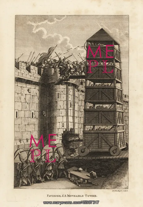 : Pavisors and a moveable tower besieging a castle : Pavisors and a moveable tower besieging a castle