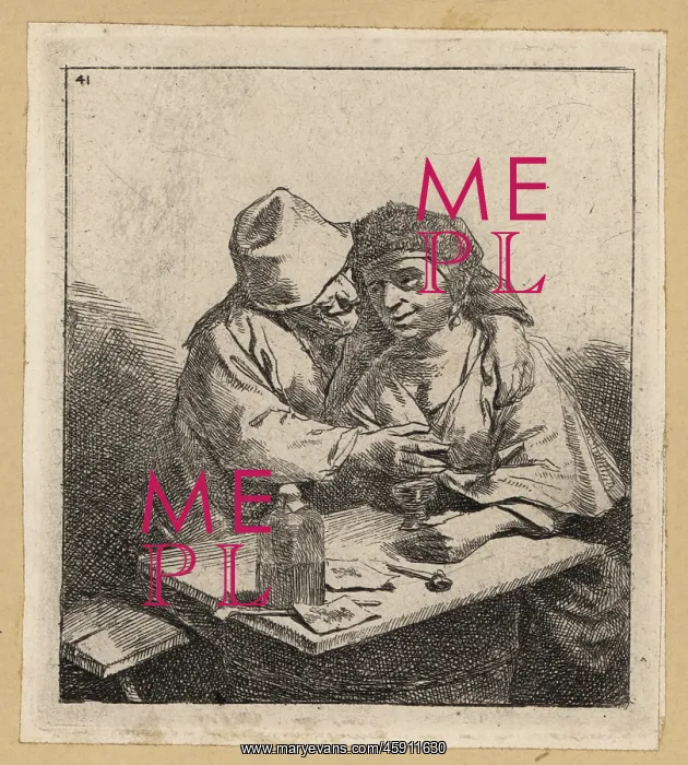 : Two peasant lovers embracing at a tavern table, 17th century : Two peasant lovers embracing at a tavern table, 17th century