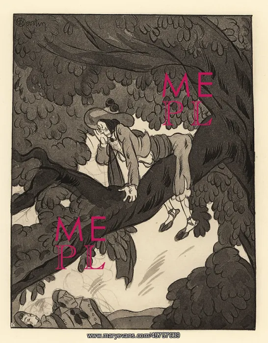 : A peasant up a tree disturbs a courting couple below : A peasant up a tree disturbs a courting couple below