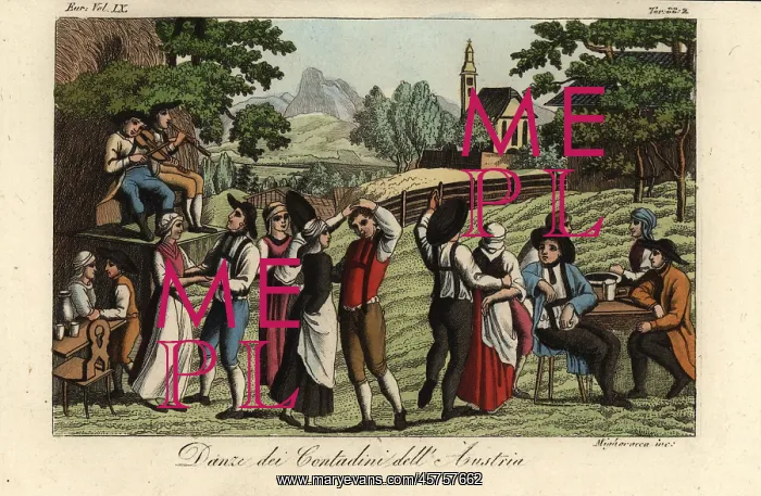 : Peasants dancing in fields, Austria, 1822 : Peasants dancing in fields, Austria, 1822