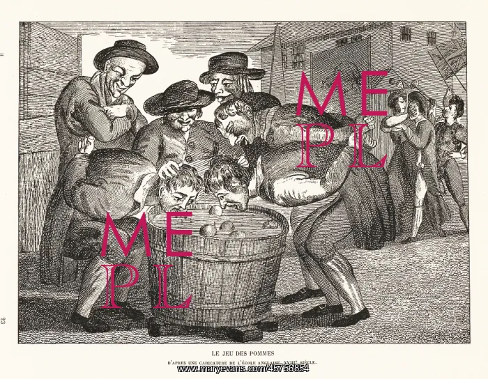: Peasants ducking for apples in a barrel, 18th century : Peasants ducking for apples in a barrel, 18th century