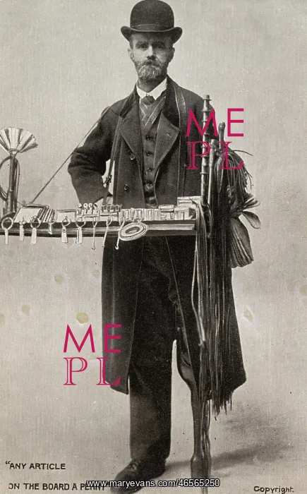 : Peg-leg peddlar with his tray of items for sale : Peg-leg peddlar with his tray of items for sale
