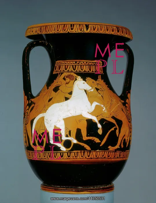: Pelike. Athenian red-figure pelike; a charioteer attacked by a pair of : Pelike. Athenian red-figure pelike; a charioteer attacked by a pair of