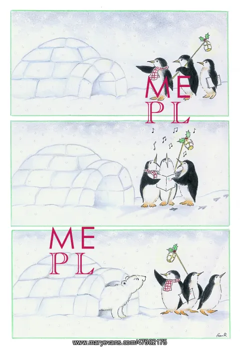 : Penguin carol singers by an igloo : Penguin carol singers by an igloo
