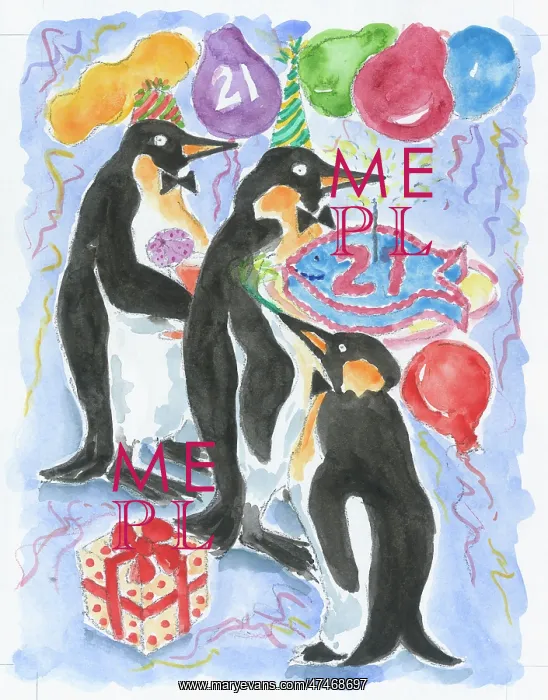  : Penguins 21st - party with three penguins, present, balloons