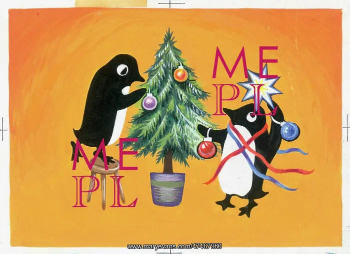 : Two Penguins dressing a Christmas Tree : Two Penguins dressing a Christmas Tree
