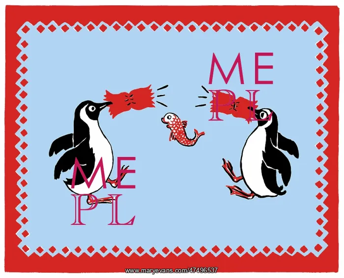: Penguins pulling a cracker with a fish inside : Penguins pulling a cracker with a fish inside