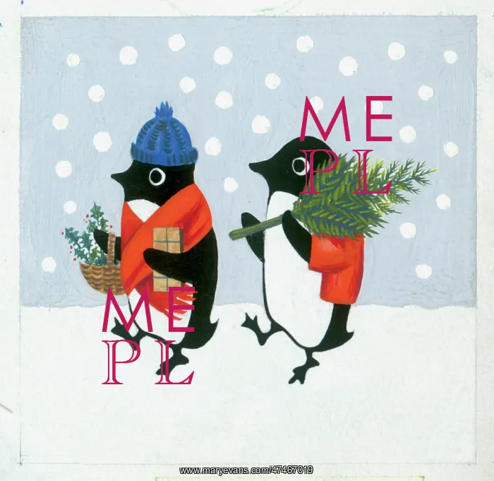: Two Penguins Shopping in Snow : Two Penguins Shopping in Snow