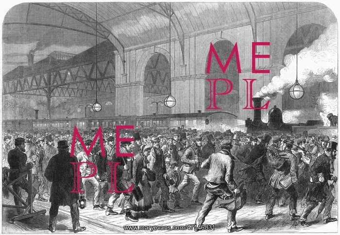 : Penny train arriving, Victoria Station, London 1865 : Penny train arriving, Victoria Station, London 1865