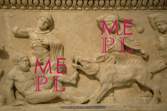 : Pentelic Attic marble sarcophagus. Meleager with the Calydon : Pentelic Attic marble sarcophagus. Meleager with the Calydon