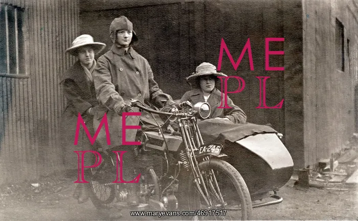 : Three people on a 1920 Bradbury motorcycle & sidecar : Three people on a 1920 Bradbury motorcycle & sidecar