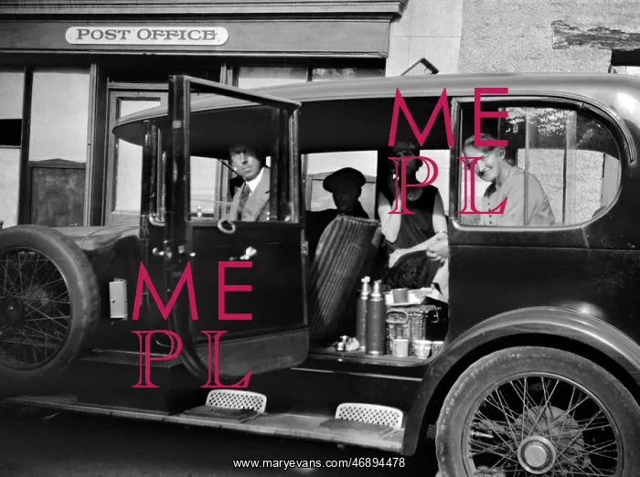 : Four people in a car outside a Post Office : Four people in a car outside a Post Office