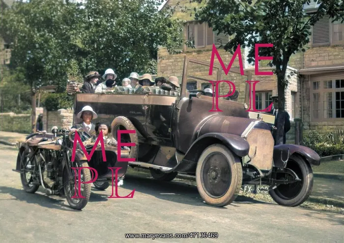: People in charabanc and motorcycle sidecar : People in charabanc and motorcycle sidecar