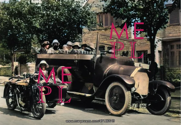 : People in charabanc and motorcycle sidecar : People in charabanc and motorcycle sidecar