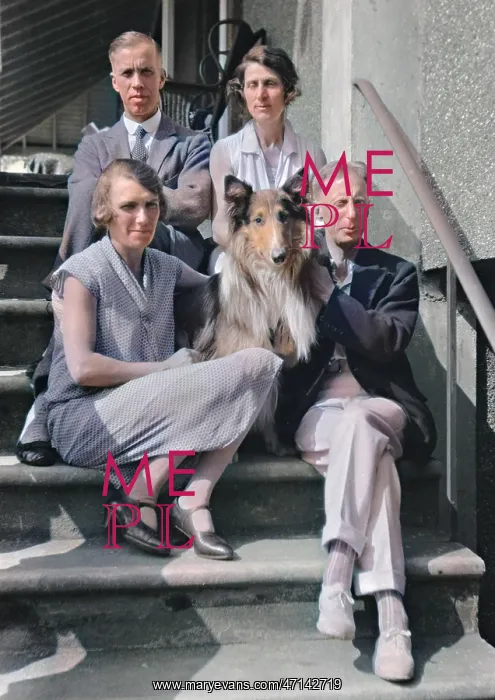: Four people with collie dog : Four people with collie dog