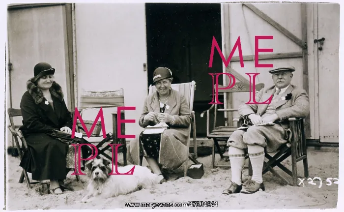 : Three people and a dog on the beach : Three people and a dog on the beach