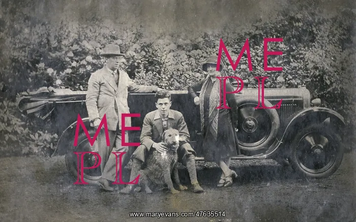  : Three people with dog and car