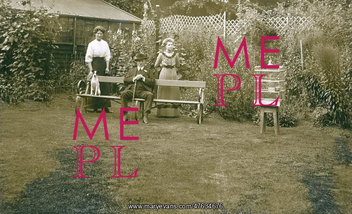 : Three people with a dog in a garden : Three people with a dog in a garden