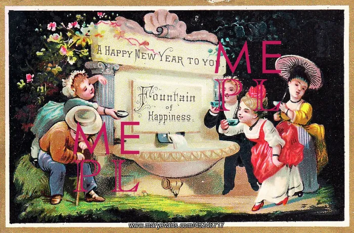 : People drinking water on a New Year card : People drinking water on a New Year card