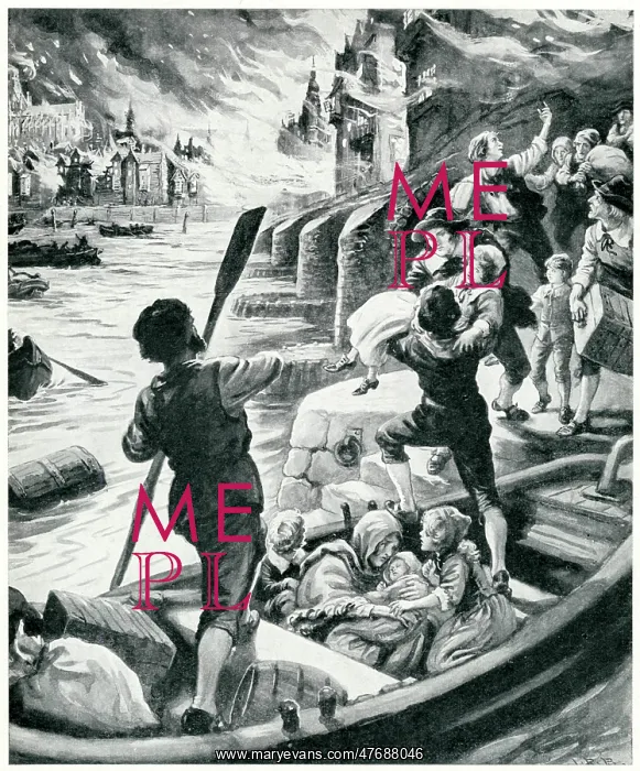 : People escaping by boat during the Great Fire of London : People escaping by boat during the Great Fire of London