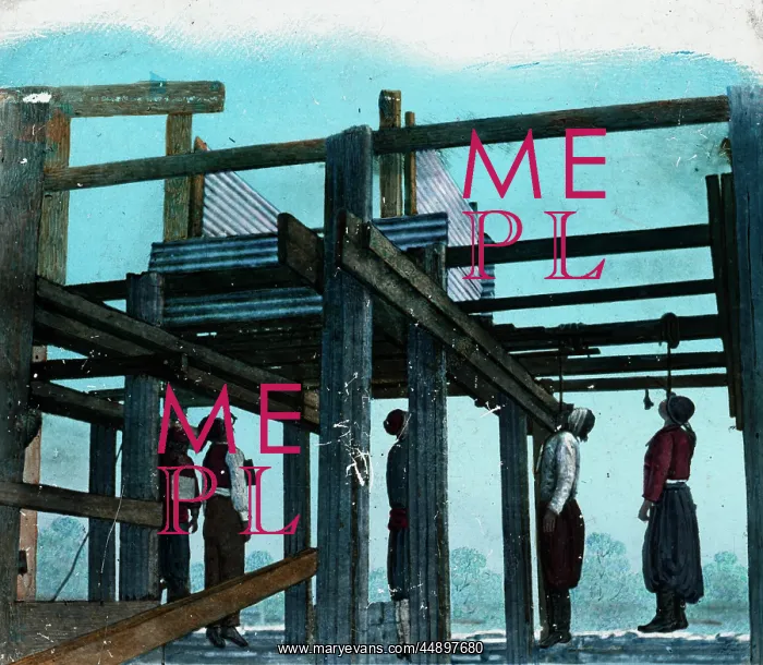 : Five people hanged on gallows : Five people hanged on gallows